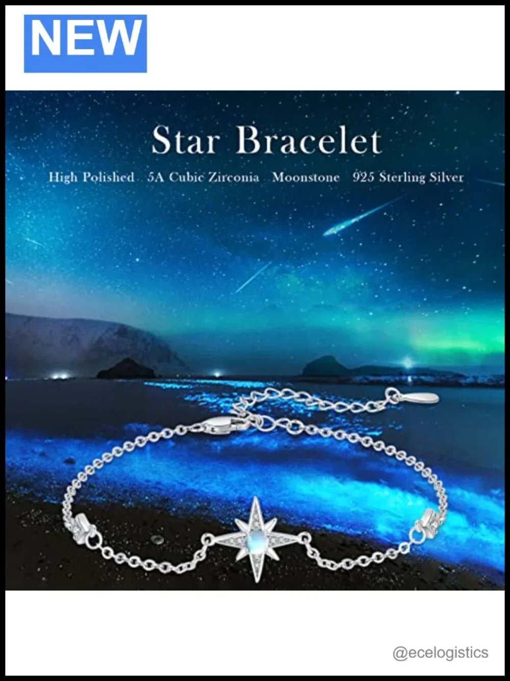 925 Sterling Silver Moonstone Star Link Bracelet Adjustable Gift for Her